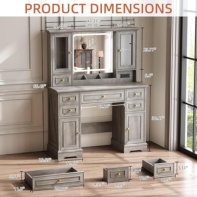 Vanity Desk with Mirror & Lights, Makeup Vanity with Power Outlet & USB Ports, Farmhouse Dressing Table, 6 Drawers & 4 Storage Cabinets, RGB Cabinet Lighting, 3-Color Dimmable Mirror