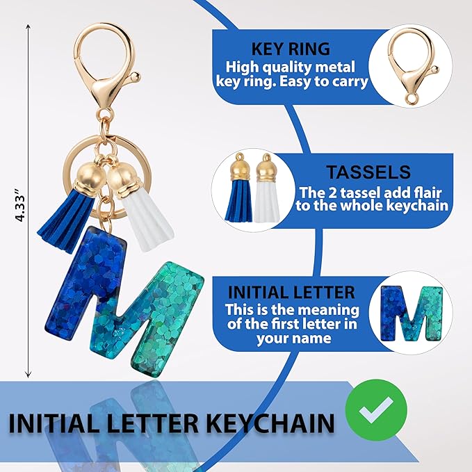 Initial Letter Keychain Cute Resin with 2 PU Tassel, Letter Keychain for Backpack Charms, Initial Keychains for Women