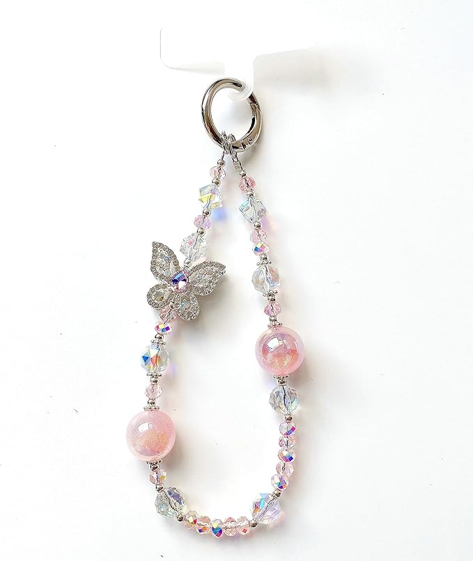 Crystal Butterfly Phone Charm, Pink Pearl Beaded Lanyard, Bling Shiny Wrist Strap Keychain for Purse Bags Car keys Earphones