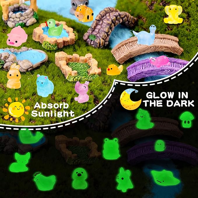 120PCS Glow in The Dark Mini Resin Animals 20 Styles of Luminous Ducks dinosaurswls Frogs and More Tiny Figurines for Fairy Garden Aquarium Terrarium Potted Plants Dollhouse Decor