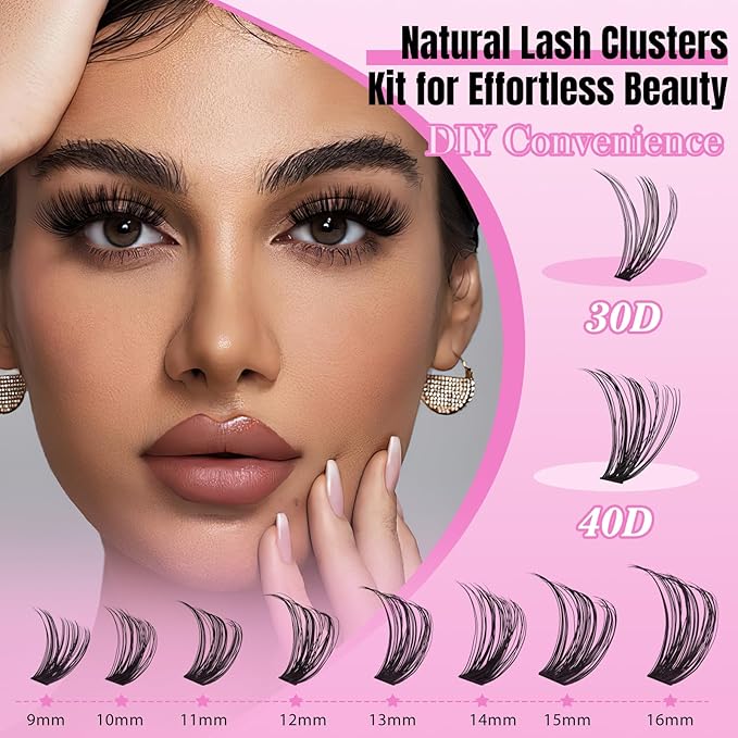 WLFRHD Lash Clusters Kit 320 Pcs D Curl DIY Natural Wispy Lashes Eyelashes Clusters Eyelash Extension Kit with Eyelash Bond and Seal, Remover & Tweezers (30D+40D, Mix9-16mm Kit)