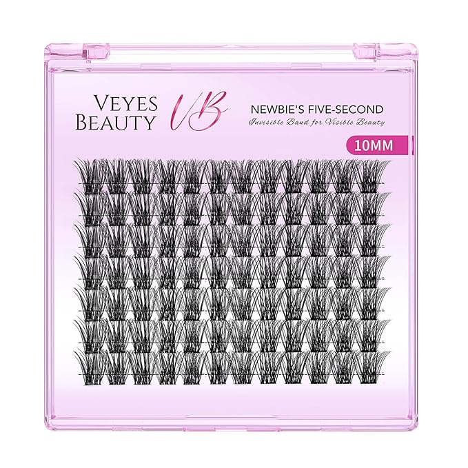 VEYESBEAUTY Lash Clusters Individual Eyelash Extensions Thin & Invisible Band DIY False Eyelashes for Self-application Newbie's Five-Second Series Wispy Lash Tray, Bomb 10mm Single Length