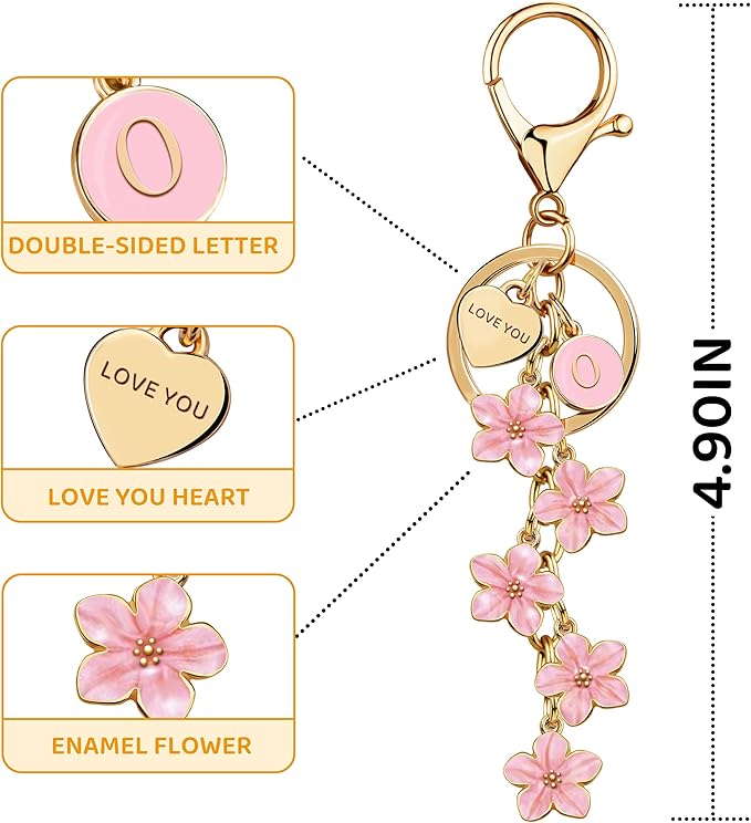 Suweibuke Cute Initial Letter Keychain with Love You Heart, Enamel Flower Charm for Key Handbag Backpack - Women Girls Gifts