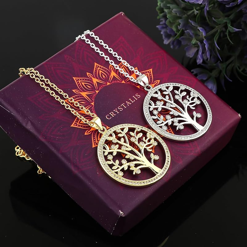 JOR Tree of Life Charm Pendant Necklace, CZ, Men & Women Unisex Jewelry, Dainty Gold & Silver Plated Chain Combo 18 inch (Pack of 2)