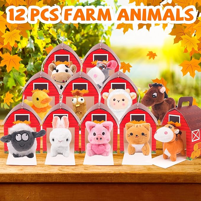 12 Pcs Mini Plush Farm Animals, Adopt A Pet Farm Party Favors Goodie Bags, Animals Bulk Gift Toys with Carton Farm House for Birthday Party Supplies