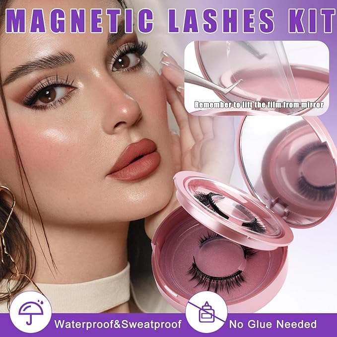 2-Pairs Magnetic Eyelashes Kit with Applicator: Wendy Natural Reusable False Lash Soft Waterproof False Lash No Glue Needed, 079+B01