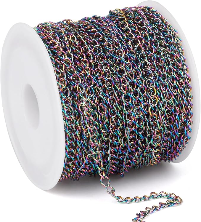 33FT Colorful Stainless Steel Curb Chains Roll, 2.5mm 304 Stainless Steel Multi Color Flat Twisted Links Curb Chains Bulk Spool for Jewelry Making DIY Craft
