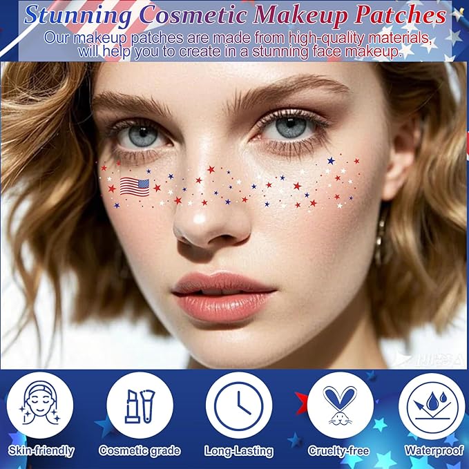 Boko 10Pcs Patriotic Temporary Tattoos, Red White Blue Independence Day Freckle Tattoos for Freckle Makeup, Waterproof Fake Freckles Makeup Patches for 4th of July Memorial Day Veterans Day Flag Party