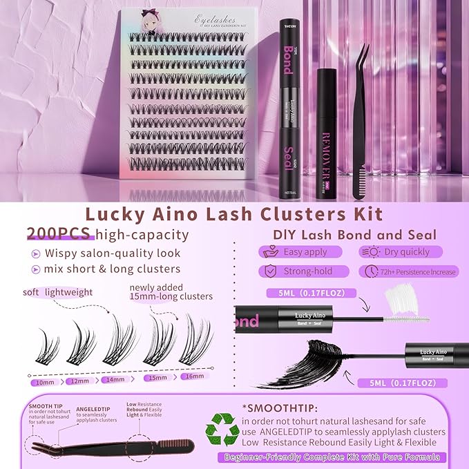 Lash Clusters Kit 10-16mm Natural Volume Lashes with Soft Fibre Thin Band, 200PCS Wispy Eyelash Clusters for Gentle Bonding & Beginner Friendly, DIY Individual Lashes