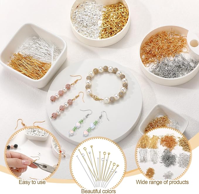 HyDren 2600 Pcs Jewelry Making Supplies Eye Flat Head Ball Pins Lobster Clasps Jump Rings Earring Hooks Backs Set Jewelry Making Findings Accessories Kit for Earring Bracelet DIY Crafts(Gold, Silver)