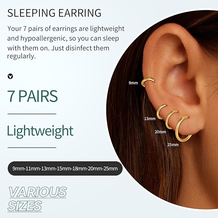 Eaciy 7 Pairs Gold Hoop Earrings for Women - 18K Gold Plated Hoop Earrings Set Lightweight Minimalist Small Hoops Hypoallergenic Thick Lightweight Earring for Women Jewelry Gifts