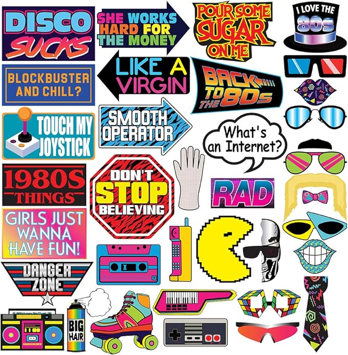 Retro 80's Photo Prop Set - 37 pcs - Funny 1980's Theme Party Decoration, Favors & Supplies