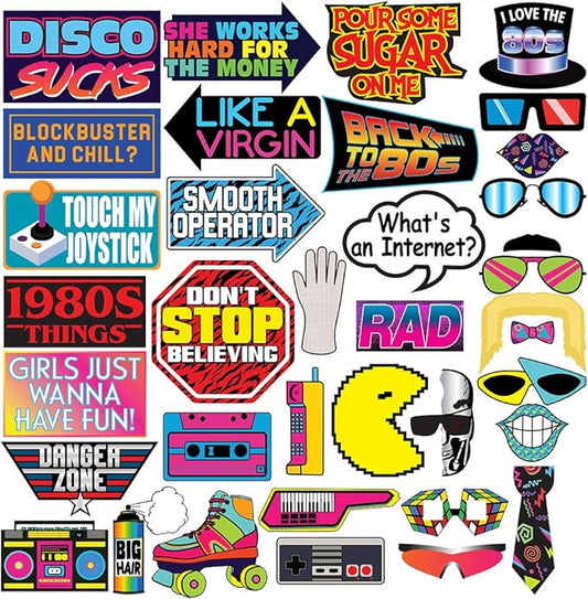 Retro 80's Photo Prop Set - 37 pcs - Funny 1980's Theme Party Decoration, Favors & Supplies