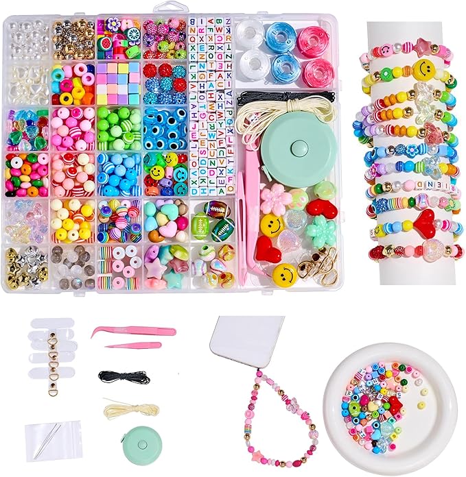 MYCUTEY DIY Phone Charm Making Kit with 657Pcs Colorful Pony,Letter,Football,Star,Flower Beads,Craft Supplies for Jewelry-Making,Necklace,Bracelet Personalized Name Making Gift for Women Kids Girls