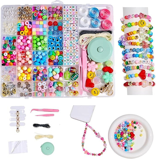 MYCUTEY DIY Phone Charm Making Kit with 657Pcs Colorful Pony,Letter,Football,Star,Flower Beads,Craft Supplies for Jewelry-Making,Necklace,Bracelet Personalized Name Making Gift for Women Kids Girls