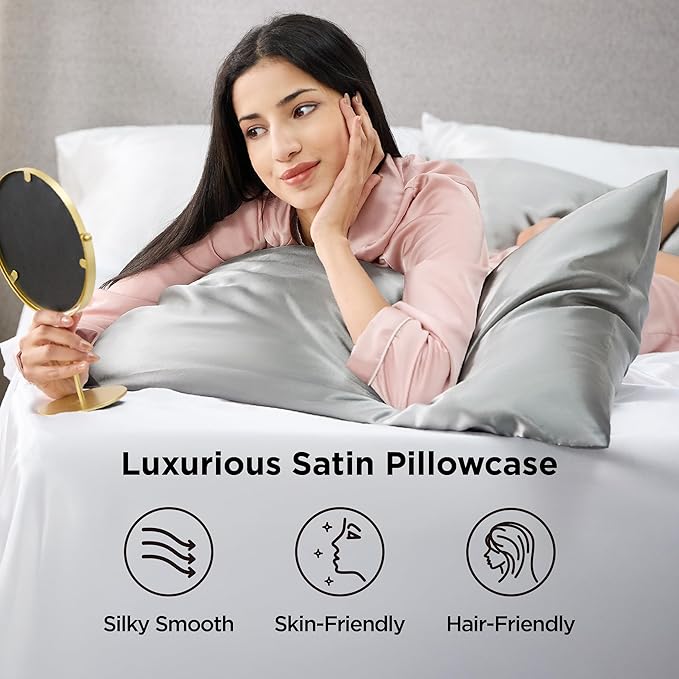 Bedsure Satin Pillowcase for Hair and Skin Queen - Silver Grey Silky Pillowcase 20x30 Inches - Set of 4 with Envelope Closure, Similar to Silk Pillow Cases, Gifts for Women Men