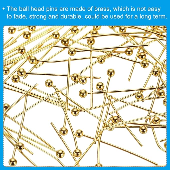 PATIKIL 100Pcs Gold 18mm Ball Head Pins for Jewelry Making, Brass, 24 Gauge, 1.8mm Head Dia, 18mm Wire Length
