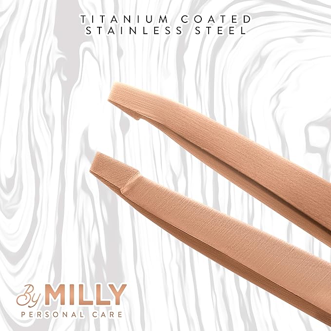 By MILLY Professional Slanted Tweezers for Women and Men | High Carbon Stainless Steel Sharp Tweezer | Tweezers for Women Facial Hair Plucking, Hand-Filed & Aligned Precision Tips - Rose Gold