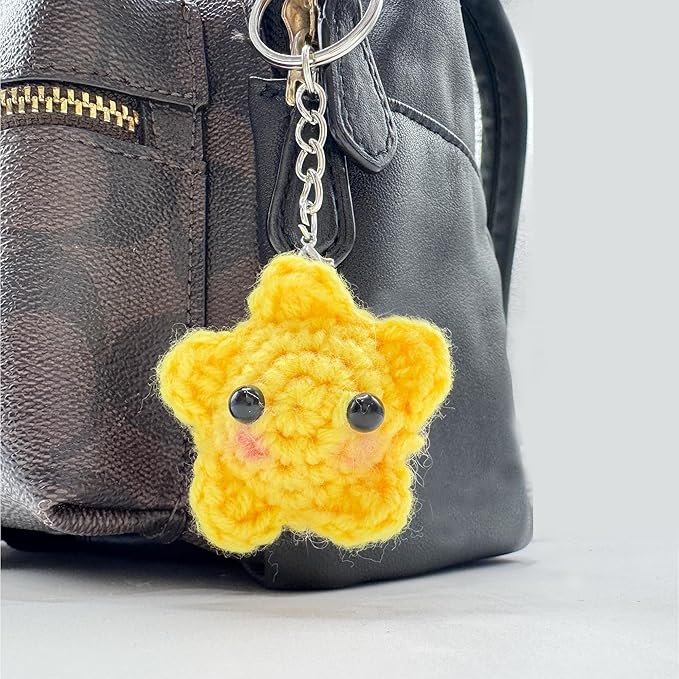 Crochet Star Keychain Handmade Kawaii Blush, Car Key Decor Purse Bag Charms, Pastel Gifts for Women