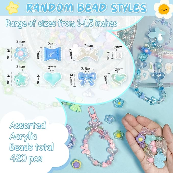 JoyJellies Assorted Acrylic Beads for Bracelets Keychain Making Kit, 8 Colors 420+PCS Mix Cute Charms Set with String and Clips Ring Flower Bow Heart Beads Crafts Jewelry DIY Phone Bag Charms