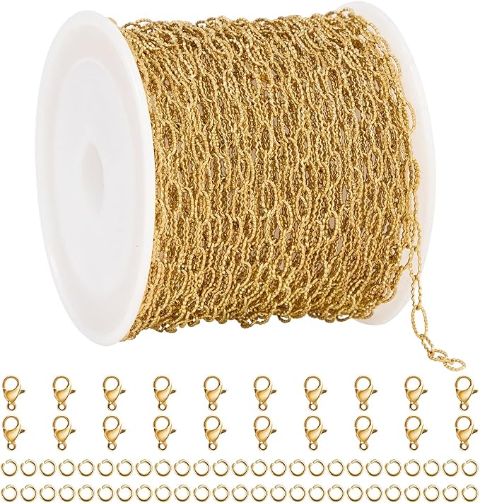 UMAOKANG 32.8 Feet Embossed Paperclip Jewelry Chain Roll Dainty Gold Plated Stainless Steel Chains for Jewelry Making