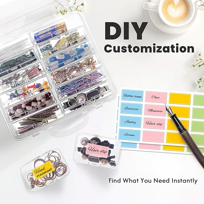 Small Bead Organizers and Storage, 12 Clear Plastic Boxes with Hinged Lids, for Beads, Jewelry Making, Crafts, Hardware, Fishing Tackle, Small Parts (32 Labels)