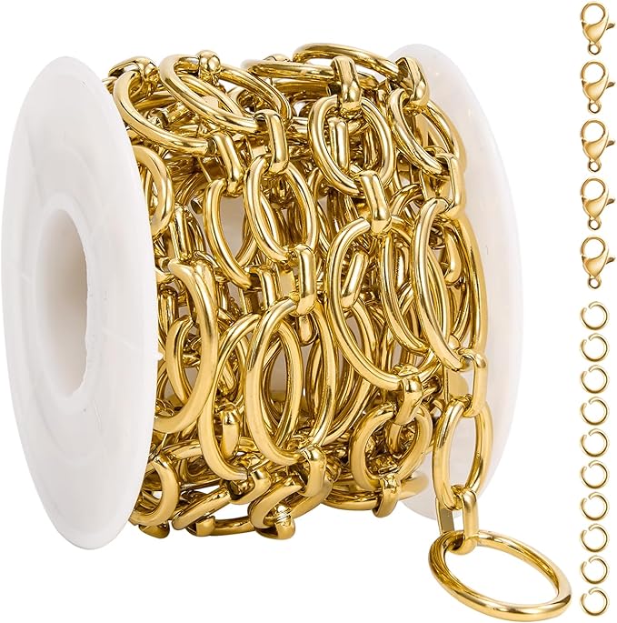 UMAOKANG 2 Meters Stainless Steel Oval Chain on Spool Gold Plated Chains for Jewelry Making Men and Women Chain Necklace DIY