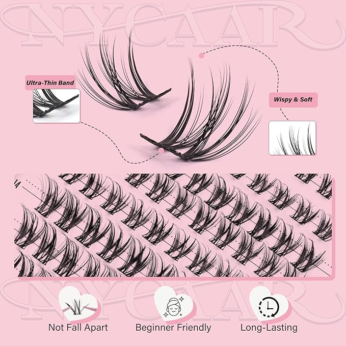 NYCAAR Lash Clusters Kit Wispy&Natural Look Lash Extension Kit D Curl 120Pcs Fluffy Individual Anime Lashes 8-18mm Eyelash Extension Kit with Bond and Seal,Remover,Applicators DIY at Home(NY04)