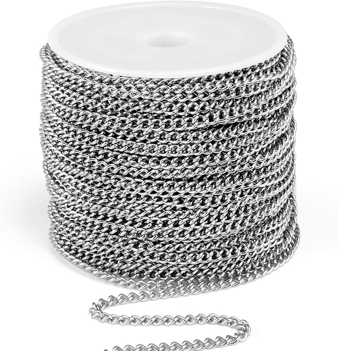 [66 Feet/ 20M] Stainless Steel Curb Chain, 3mm 304 Stainless Steel Flat Twisted Link Chain Roll Spool Curb Chains Bulk for Jewelry Making DIY Craft