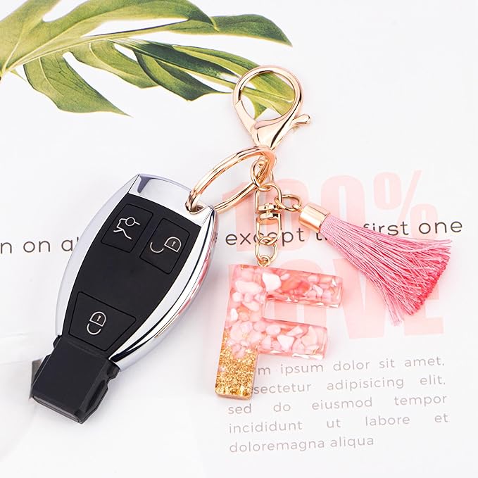 Suweibuke Cute Pink Key Chains for Women Girls, Initial Letter Keychains with Tassel, Charms for Key Purse Handbags Backpacks