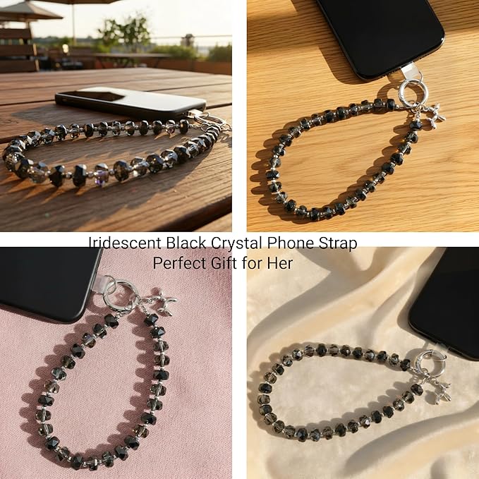 Crystal Phone Wrist Strap Phone Charm Chain Keychain Beaded Cellphone Lanyard with Tether Tab Hands-Free Wristlet Bracelet Wrist Grip Strap for Women, W-Black