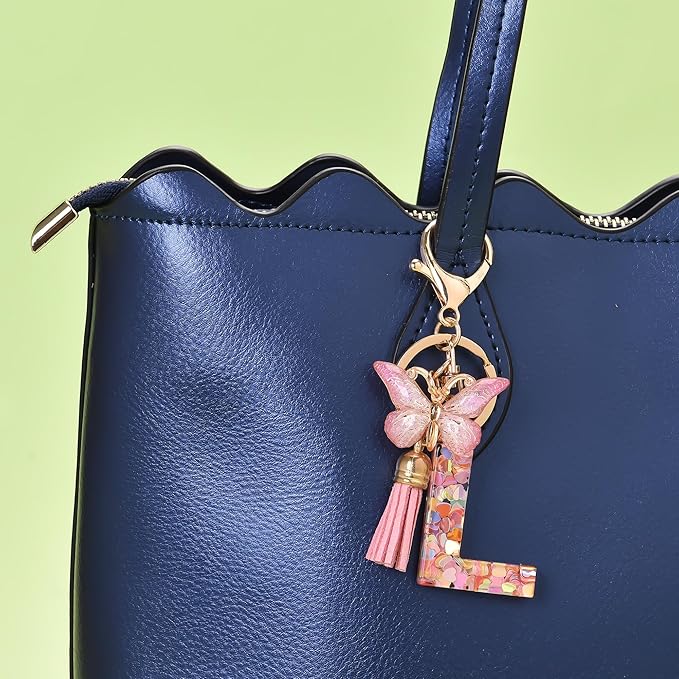 Fashion Alphabet Initial Letter Keychain Tassel Butterfly Pendant Key Ring for Purse Handbags Women Girl