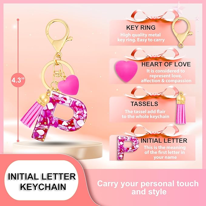 Initial Keychains for Women with Cute Heart Resin - Alphabet Letter Keychain for Bag, Backpacks, Purse or Car key
