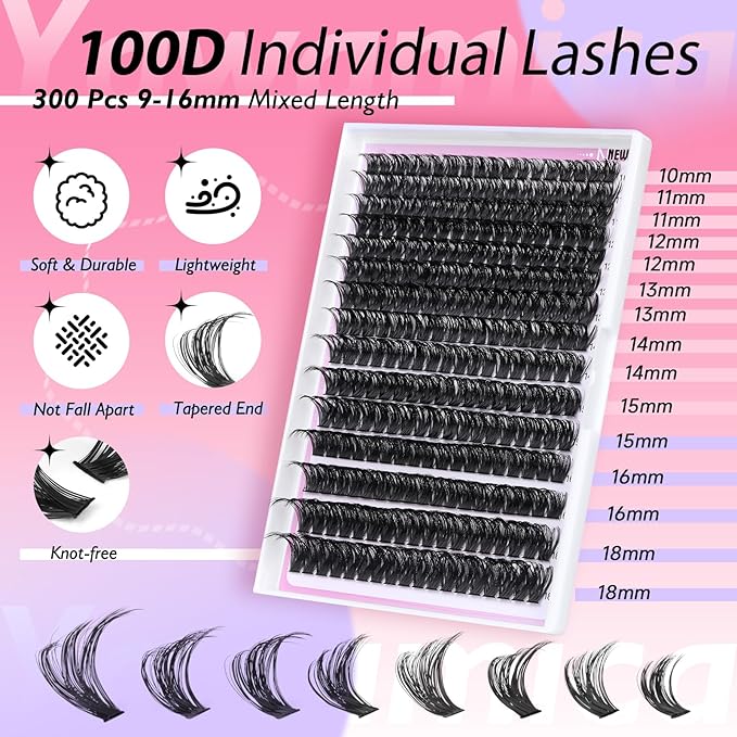 Yawamica Lash Clusters Kit Fluffier Eyelash Extension Kit 100D Thick Volume Individual Lashes 10-18mm 300pcs Eyelash Clusters with Bond and Seal and Lash Remover and Lash Applicator Kit DIY at Home