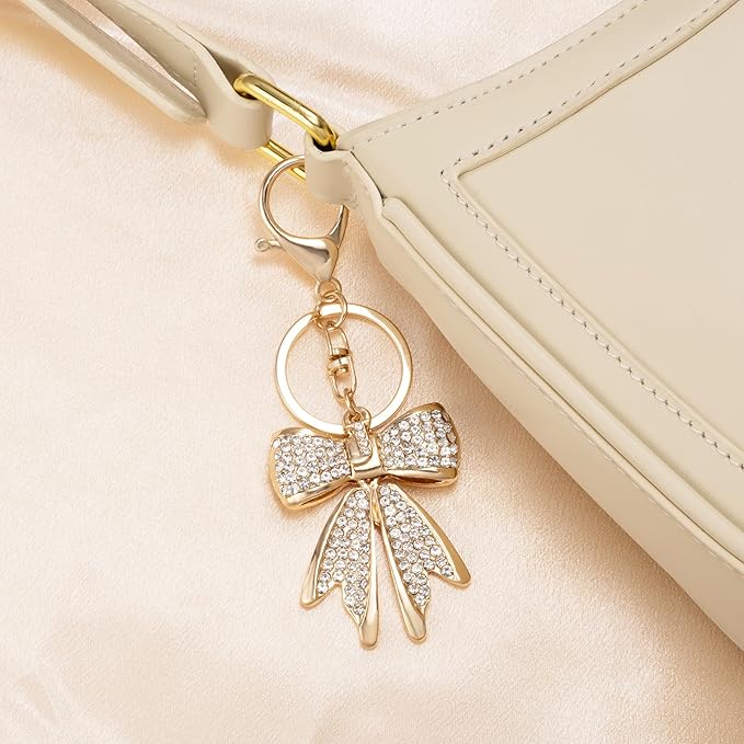 XGALBLA Sparkly Cute Initial Letter Rhinestone Bow Keychain for Women Gold Tone Bag Charms Coquette Aesthetic Purse Charms