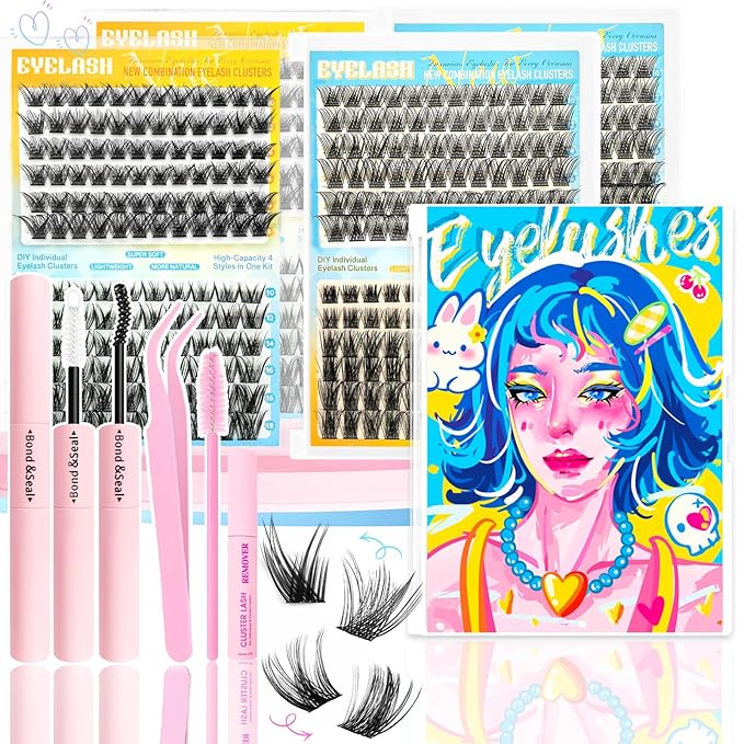 Lash Clusters Kit 576pcs, Natural Wispy DIY Eyelash Lashes Clusters Extensions Kit, 10-18mm D Curl with Lash Glue, Brush Tweezer and Remover