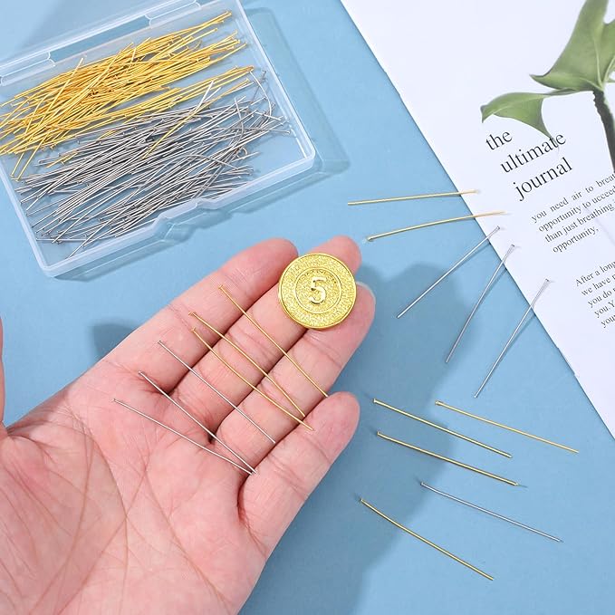 200 PCS Flat Head Pins, Stainless Steel Eye Pins 2 Inch Jewelry Making Pinflat Headpins Jewelrys Findings Eye Pin for DIY Craft Earring Bracelet Necklace Pendant(Silver Gold