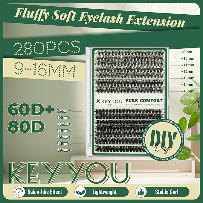 Lash Clusters 280Pcs Eyelash Clusters KEYYOU 60D+80D D Curl 9-16MIX Clusters Lashes Super Soft Wispy DIY Eyelash Extension at Home(60D+80D-D,9-16MIX)