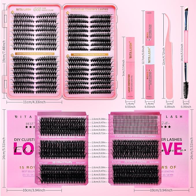 Lash Clusters Kit Eyelash Clusters Kit 3D Effect Cluster Eyelash Extensions Large Pack Cat Eye Lashes Clusters Lash Extension Kit Pestañas Postizas Naturales+Lash Bond&Seal,Remover,Tools(Lash Kit-9)
