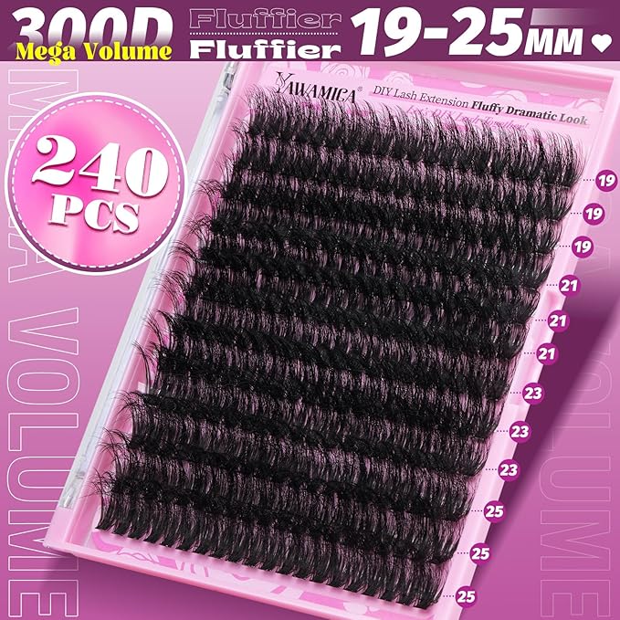Yawamica Eyelash Clusters Fluffiest Wispy Eyelash Extension 19-25mm Lash Clusters 300D Mega Volume Individual Lashes 240pcs Cluster Lashes DIY Lash Extension by Self for Beginners