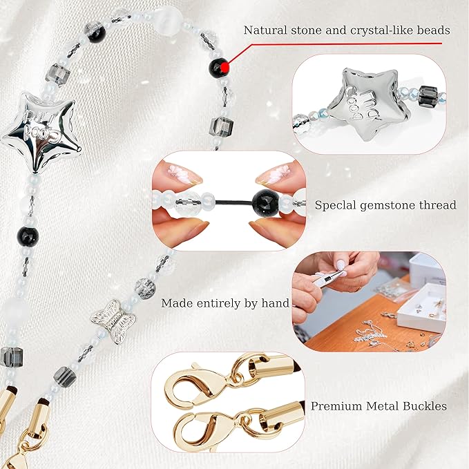 Marble Beaded Phone Wrist Strap,Detachable Phone Bracelet Strap with Tether Tab,Hands-Free Wristlet Strap (Silvery)
