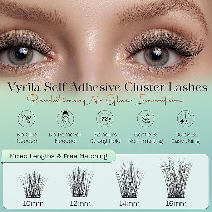 VYRILA Self-Adhesive Lash Cluster, 140pcs Pre-Glued Clusters, Pop-On Faux Eyelashes, 3D Band D Curl Natural Look Lahses, Easy to Apply, Reusable 0.05mm Eyelash Extensions (Green Muse-D-0.05-10-16mix)
