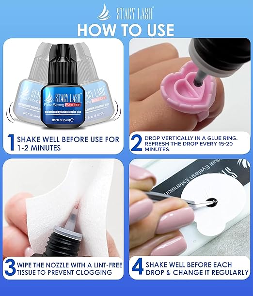 STACY LASH Extra Strong Evolution Eyelash Extension Glue (0.17fl.oz / 5ml) / 0.5-1 Sec Dry/Retention – 8 Weeks/Professional Black Adhesive/Lash Tech Supplies + Glue Ring