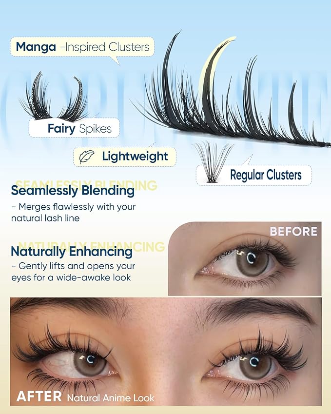 CORUSCATE Manga Lash Clusters Kit Spikes Anime Eyelash Clusters Natural Lash Extension Kit Wispy Cluster Eyelash Extensions Japanese Individual Lashes CD Curl DIY with Lashes Cluster Glue