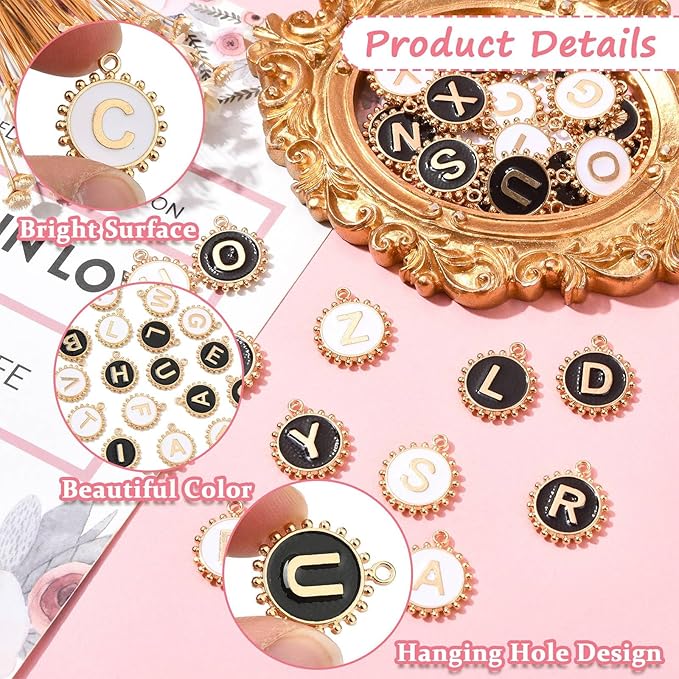 Stiesy 52 Pcs Black & White Enamel Letter Charms Flat Round with Letter A~Z Charm Pendants Bulk for Women Jewelry Making Crafting DIY Necklace Earring Presents