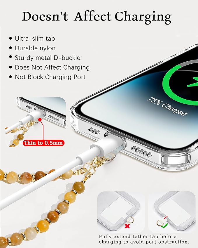 Marble Beaded Phone Wrist Strap,Detachable Phone Bracelet Strap with Tether Tab,Hands-Free Wristlet Strap (Yellow Jade)