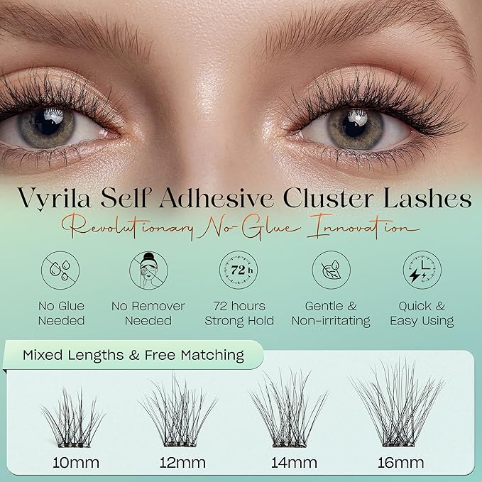 VYRILA Self-Adhesive Lash Cluster, Pre-Glued Clusters, Pop-On Faux Eyelashes, D Curl Natural Look Lahses, Reusable 0.05mm Eyelash Extensions (Green Hush-D-0.05-10-16mix-Kit)