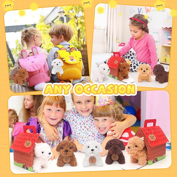12 Pcs Mini Plush Puppy Stuffed Dogs with Keychain, Adopt A Pet Dog Party Favors Goodie Bags, Animals Bulk Gift Toys with Carton Dog House for Birthday Party Supplies