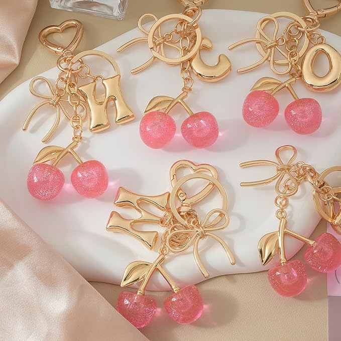 Snycler Bubble Initial Keychain with Cherry & Bow - Gold Letter Bag Charms for Women, Cute Purse Handbag Accessories