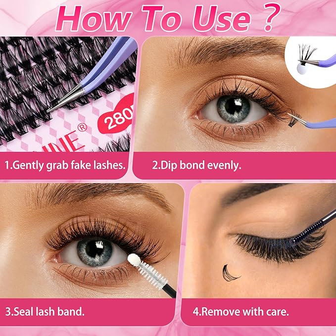 URNNE Lash Extension Kit 280PCS Eyelash Extension Kit 10-16mm Lash Clusters 40D+50D Lash Clusters Kit with Bond, Seal, Remover and Tweezers
